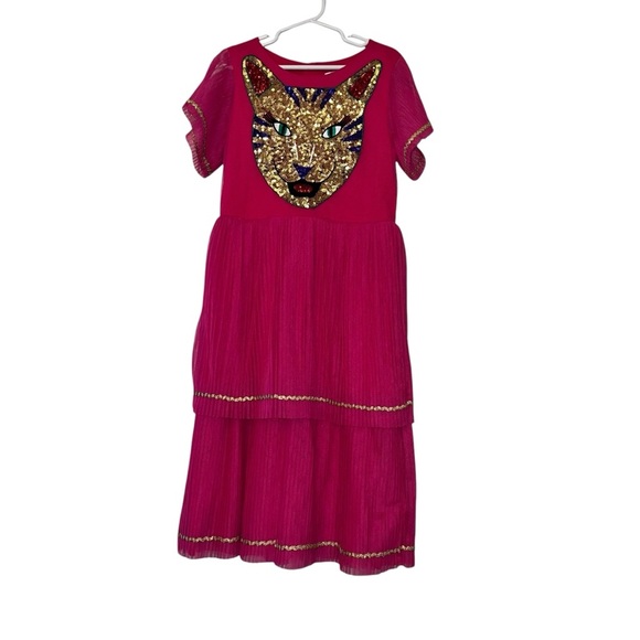 Billieblush Pink tulle tiered Dress with Gold Embellished Cat Design Sz 10 NWT
